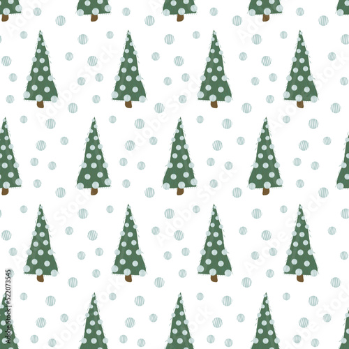 Seamless pattern with cute abstract christmas trees with balls Stylized hand drawn design Vector illustration in flat cartoon style for wrapping paper, textile, fabric and packaging decoration © ugguggu