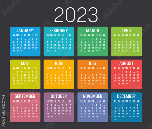 Colorful year 2023 calendar isolated on black background. Vector Template.