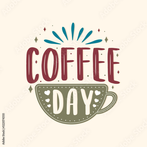 International coffee day. Hand drawn vector logotype with lettering and cappuccino with background.