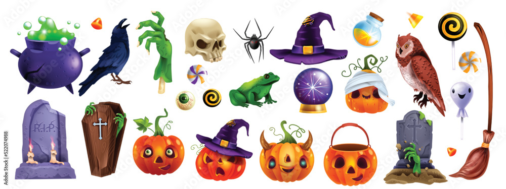 Fototapeta premium Halloween object sticker set, tombstone, vector spooky party badge kit, funny pumpkin, eye. Cartoon scary zombie hand, holiday sweets, witch hat, magic potion cauldron. Halloween object UI game icon.