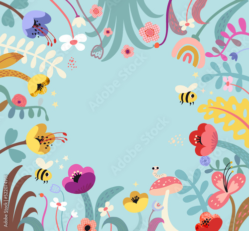 Fototapeta Naklejka Na Ścianę i Meble -  Floral spring banner with the space for your text. Bee, flowers, plants, cute rabbits and bunnies in pastel colors. Modern minimalist poster, greeting card, header for website