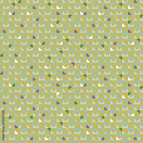 Abstract seamless vector pattern for fashion, home decor and wallpaper. Modern playful design with tiled squares and polygons in moderate yellow, lime green, violet and white.