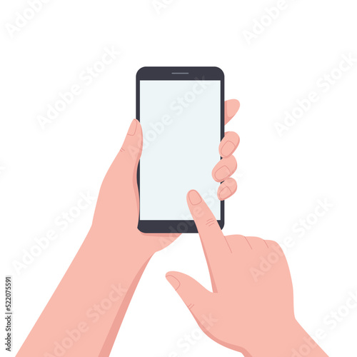 Hands holding black smartphone, touching blank screen. Using mobile phone. Flat vector illustration