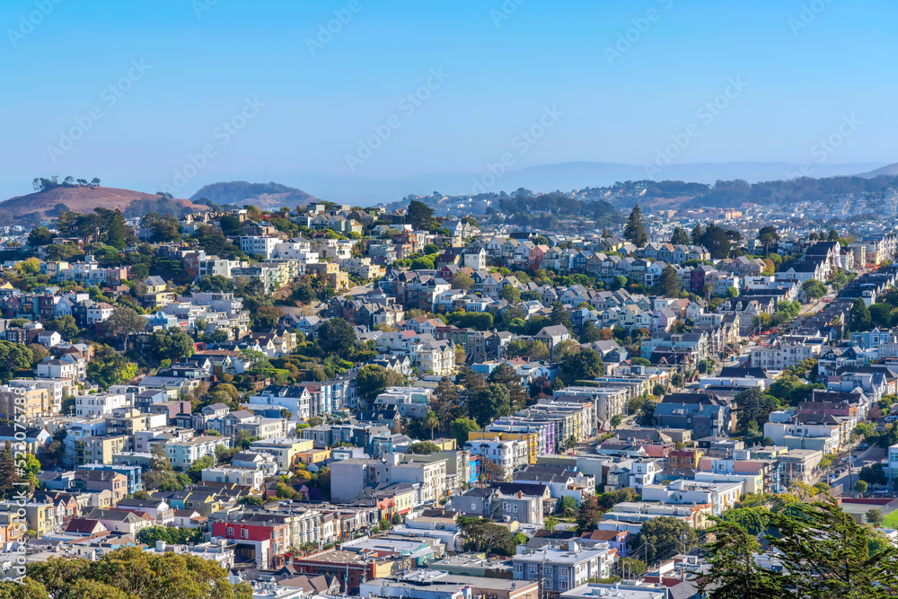 Dense residential buildings view from above in San Francisco, California