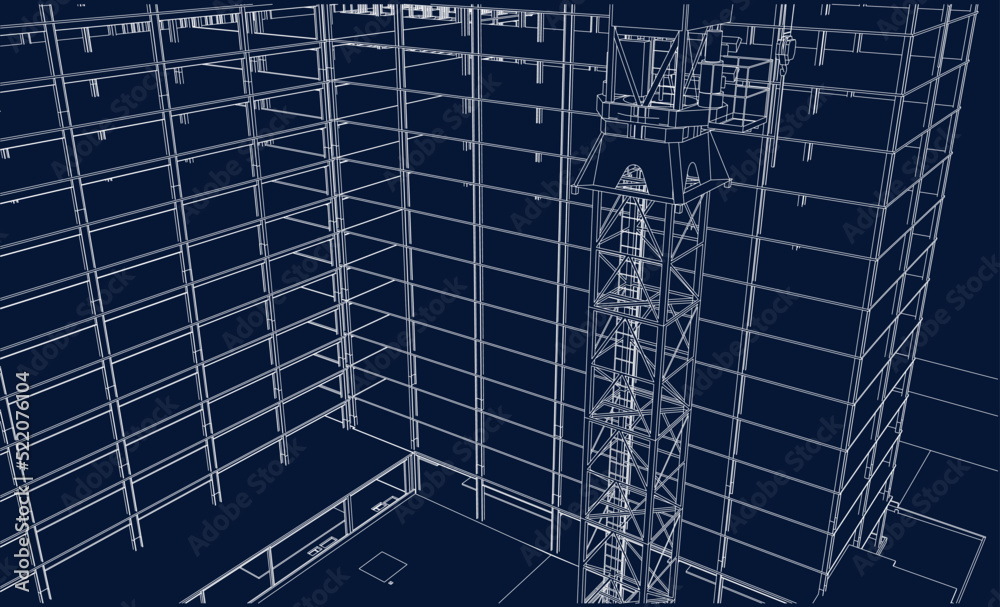 construction site engineering with tower crane architecture 3D line sketch blueprint construction site engineering with tower crane architecture 3D line sketch blueprint