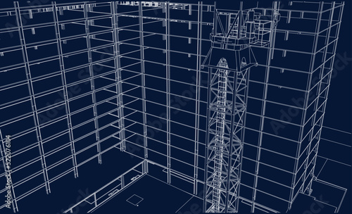 construction site engineering with tower crane architecture 3D line sketch blueprint
