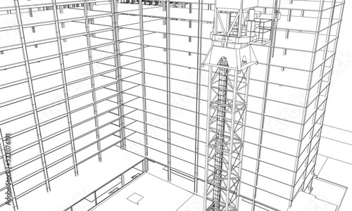 construction site engineering with tower crane architecture 3D line sketch