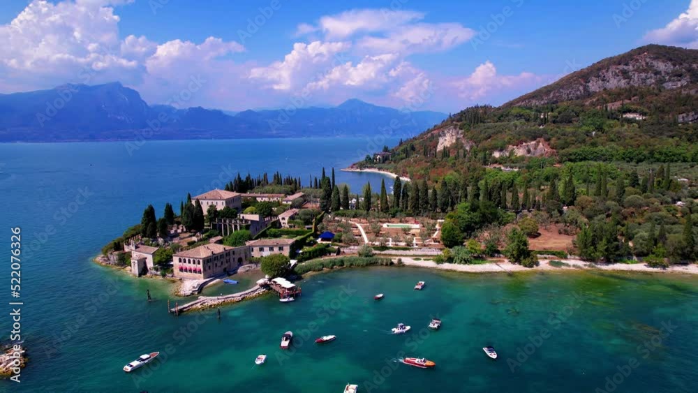 Punta San Vigilio - aerial drone view, most romantic place of Garda Lake ,Lago di Garda scenery. northern Italy