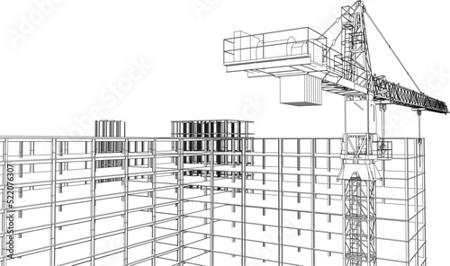 construction site engineering with frame structure and crane 3D illustration line drawing 