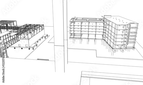 construction site engineering with frame structure 3D illustration line drawing