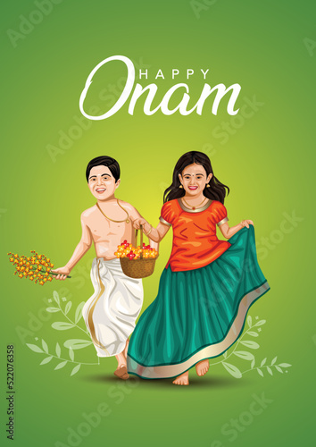 happy Onam celebration with vector illustration design of Kerala girl and  boy running with basket flower Stock Vector | Adobe Stock