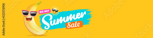 Summer sale funny horizontal banner with cartoon sun and funky banana character isolated on summer orange background. Vector 3d horizontal summer hot sale poster, flyer, banner, tag and background
