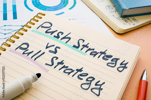 Fotografia Push strategy vs pull strategy phrase in the notebook.
