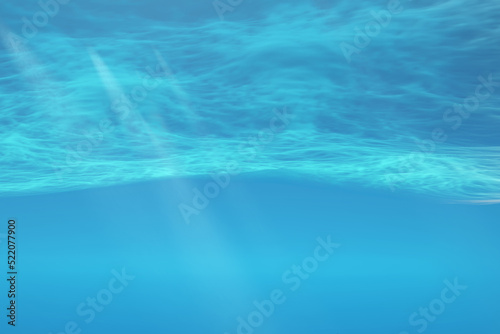 Blue aqua ocean with light rays shining through the water surface. Illustration as background template
