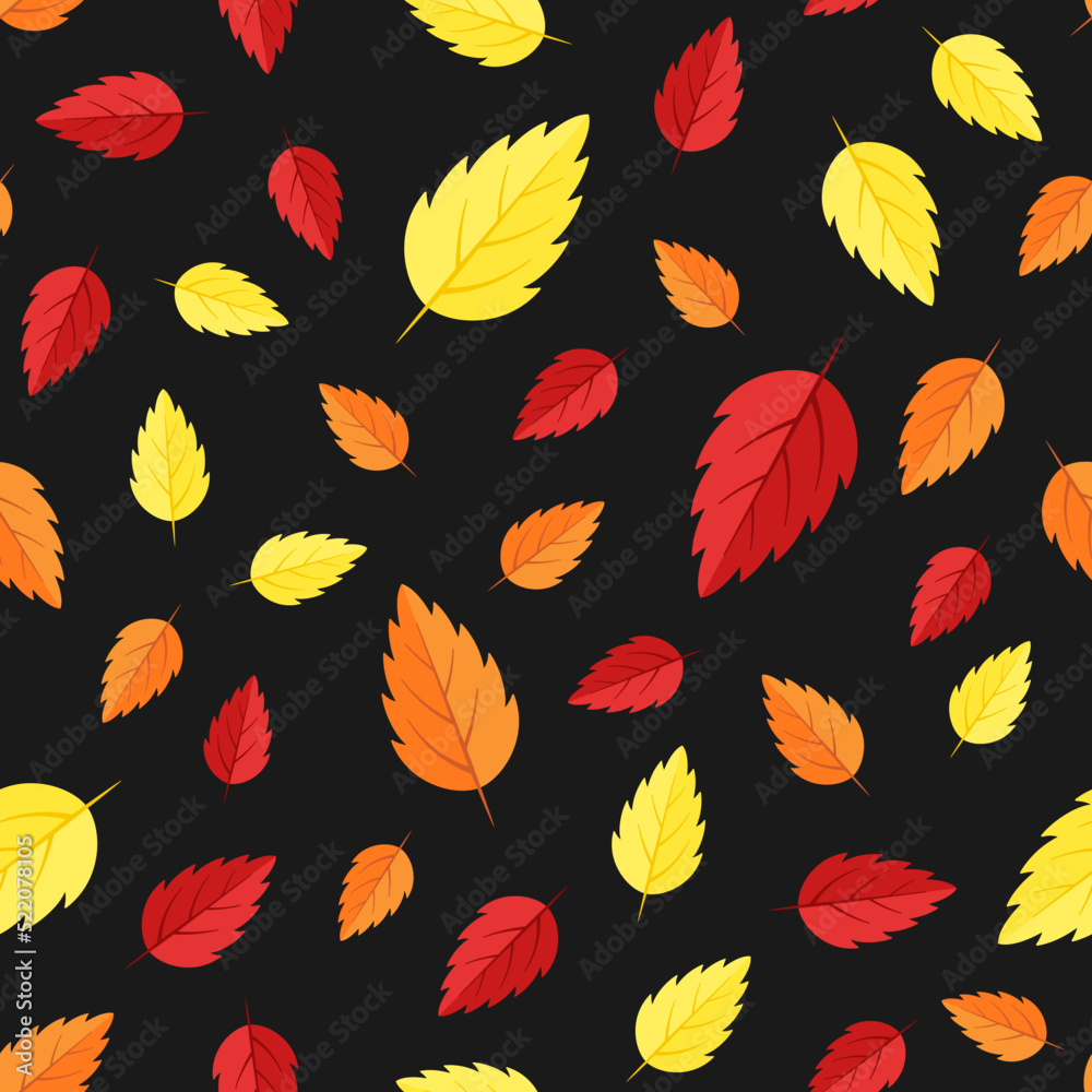 Fototapeta premium Fall vector seamless pattern. Red, yellow and orange autumn leaves on black background. Best for textile, wallpapers, home decoration, wrapping paper, package and web design.
