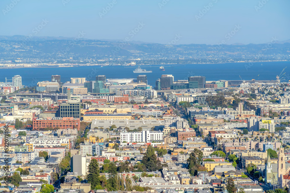 Perfectly straight row of buildings with streets in between view from above in San Francisco, CA