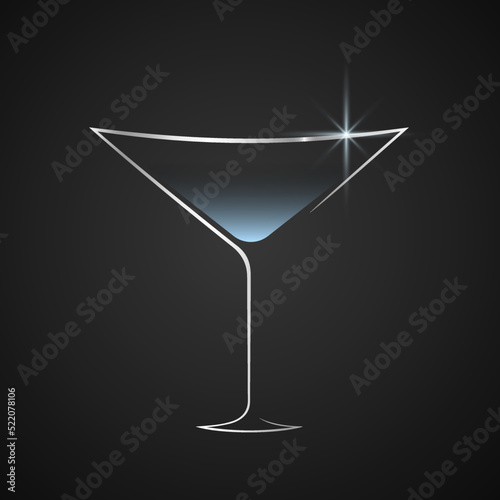 Glass of martini vector flat illustration. Silver shining line art on black background. Best for web, logo, posters, cards, bar decoration, menu concept and branding design.