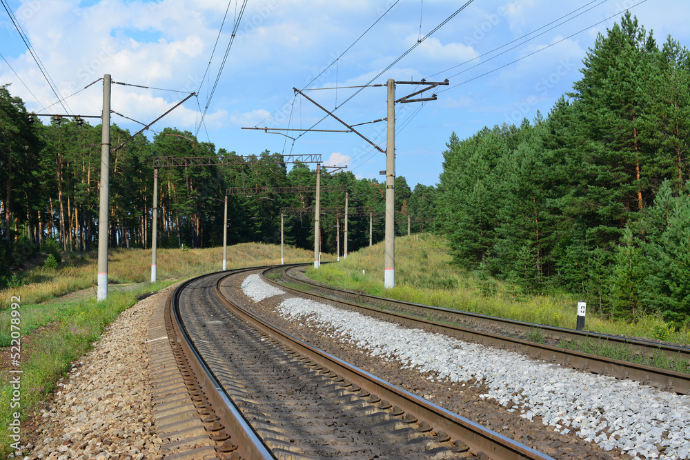 railway with electric columns and wires and forest on the roadside