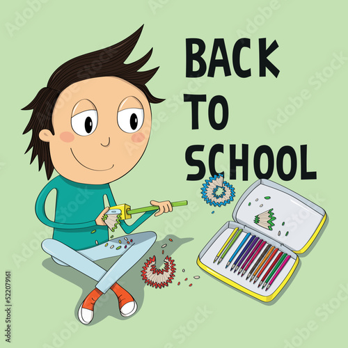 Boy getting ready for school sharpening coloured pencils