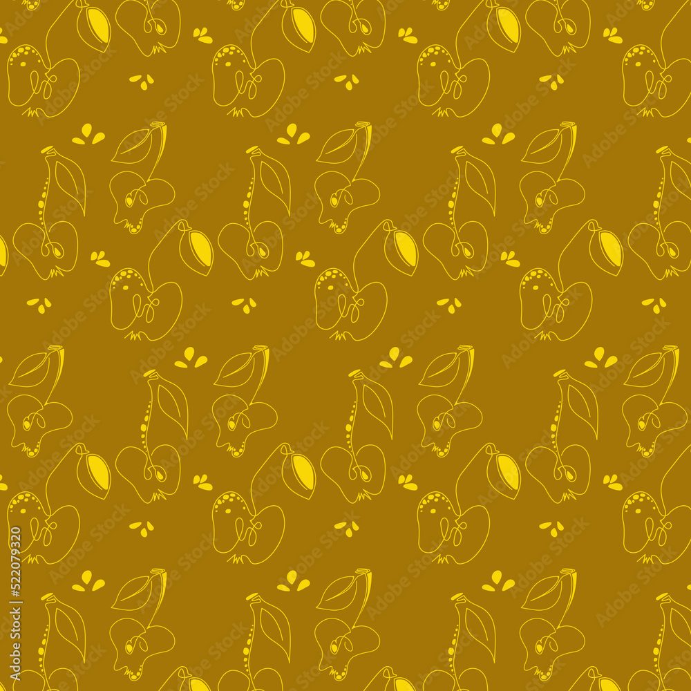 The pattern is a yellow line and a spot on a mustard background. Composition of apples. Fabric, wallpaper. The pattern is a yellow line and a spot on a mustard background. Composition of apples. Fabric, wallpaper.