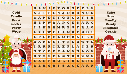 Christmas worksheet with word search game with santa claus eating cookies and mrs claus holdind milk, printable riddle for kids for winter holidays in cartoon style