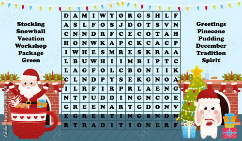 Christmas worksheet with word search game with santa claus sitting in cup with cacao and cute bunny holding gift box, printable riddle for kids for winter holidays in cartoon style