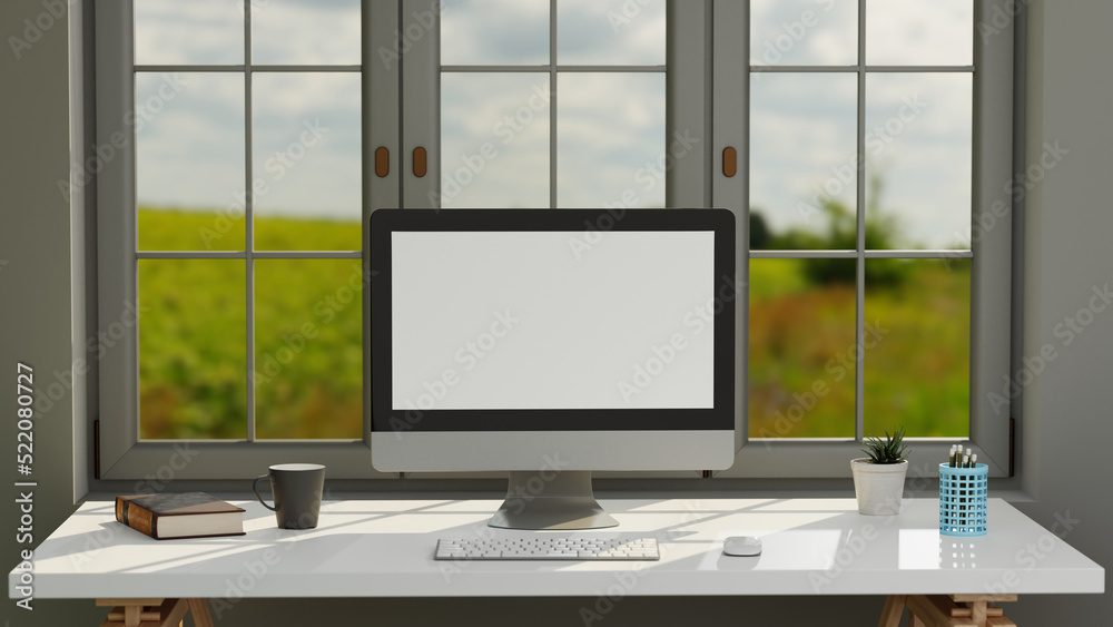 Fototapeta premium Blank screen desktop computer in a minimal office room with decorations and copy space, 3d rendering