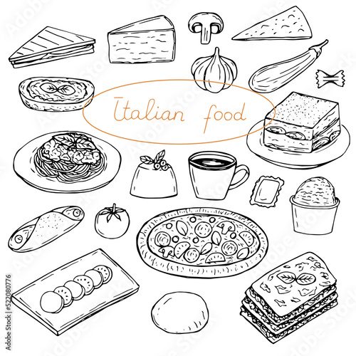 Italian food set vector illustration, hand drawing outline sketch