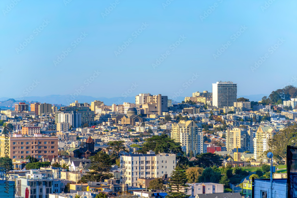 Dense residential and financial buildings in a high angle view at San Francisco, California