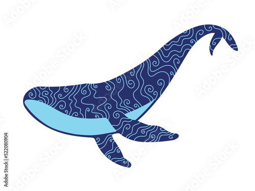 Blue silhouette of a whale with an abstract decorative ornament. Vector illustration isolated on white background