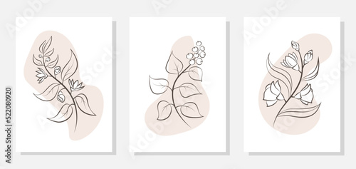 Botanical wall art vector set. Trendy minimalist botanical vector illustration of leaves and flowers. Floral and leaves wall decoration. Wall art for bedroom, Living room and office decor. EPS10. 