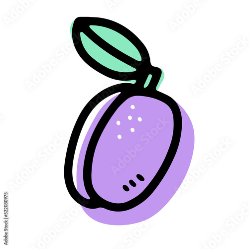Doodle ripe plum. Violet berry with leaf isolated on white background. Hand-drawn fruit. Symbol of summer, healthy raw food, gardening, market. Fresh cute organic print. Vector kawaii illustration