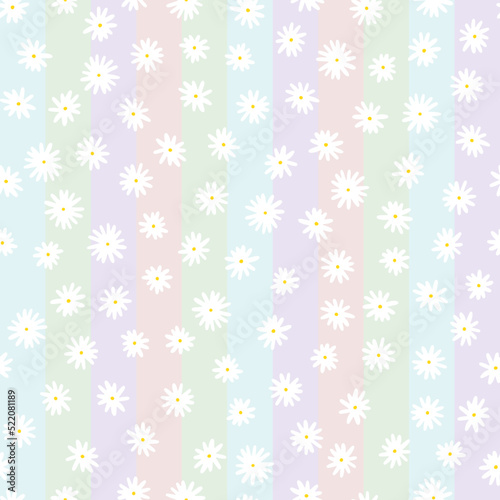 Camomile seamless vector pattern. Hand-drawn white flowers with yellow centers on light striped background. Botanical ornament. Cute plant illustration for wallpaper, wrapping paper, clothing, print