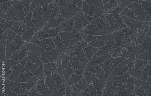 Seamless light gray lined pattern of tropical leaves pattern style, flat line vector and illustration on dark grey background.