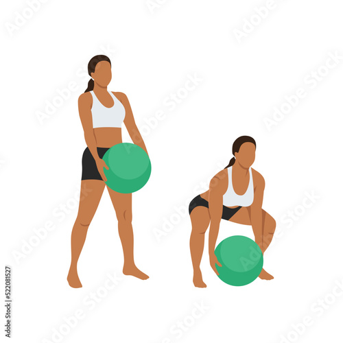 Woman doing Medicine ball deadlift exercise. Flat vector illustration isolated on white background