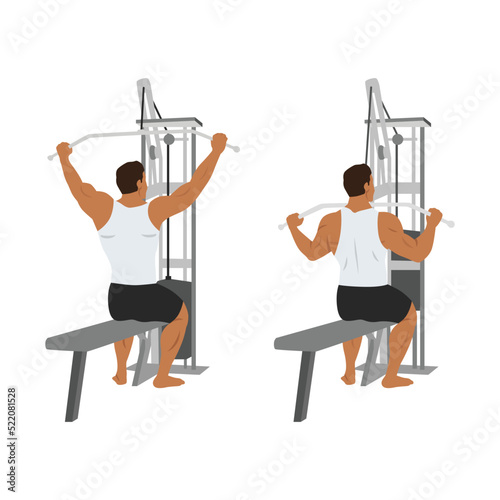 Man doing seated Wide grup lat pulldown flat vector illustration isolated on white background