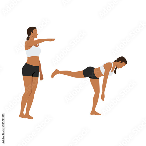 Woman doing Single leg bodyweight deadlift exercise. Flat vector illustration isolated on white background