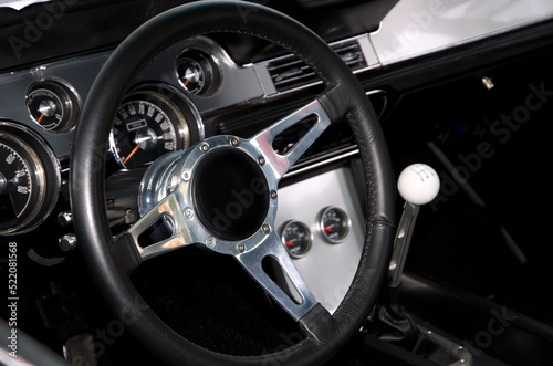 Black Interior with Stainless Steel of a Modern Muscle Car