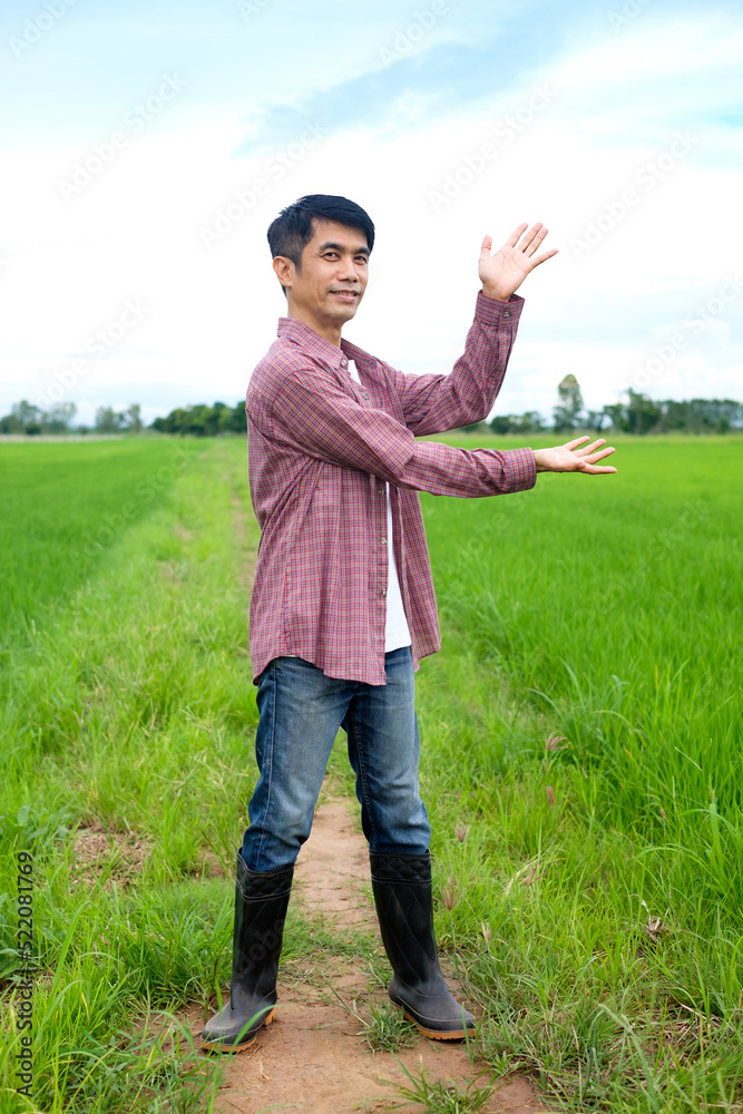 Asian farmers stand and pose in the rice field to present their products. Asian farmers stand and pose in the rice field to present their products.