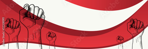Red and white background with line  drawing clenched hands