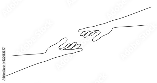 Female and male hands reaching for each other. A woman giving a hand to a man. Vector illustration in minimalist line art style