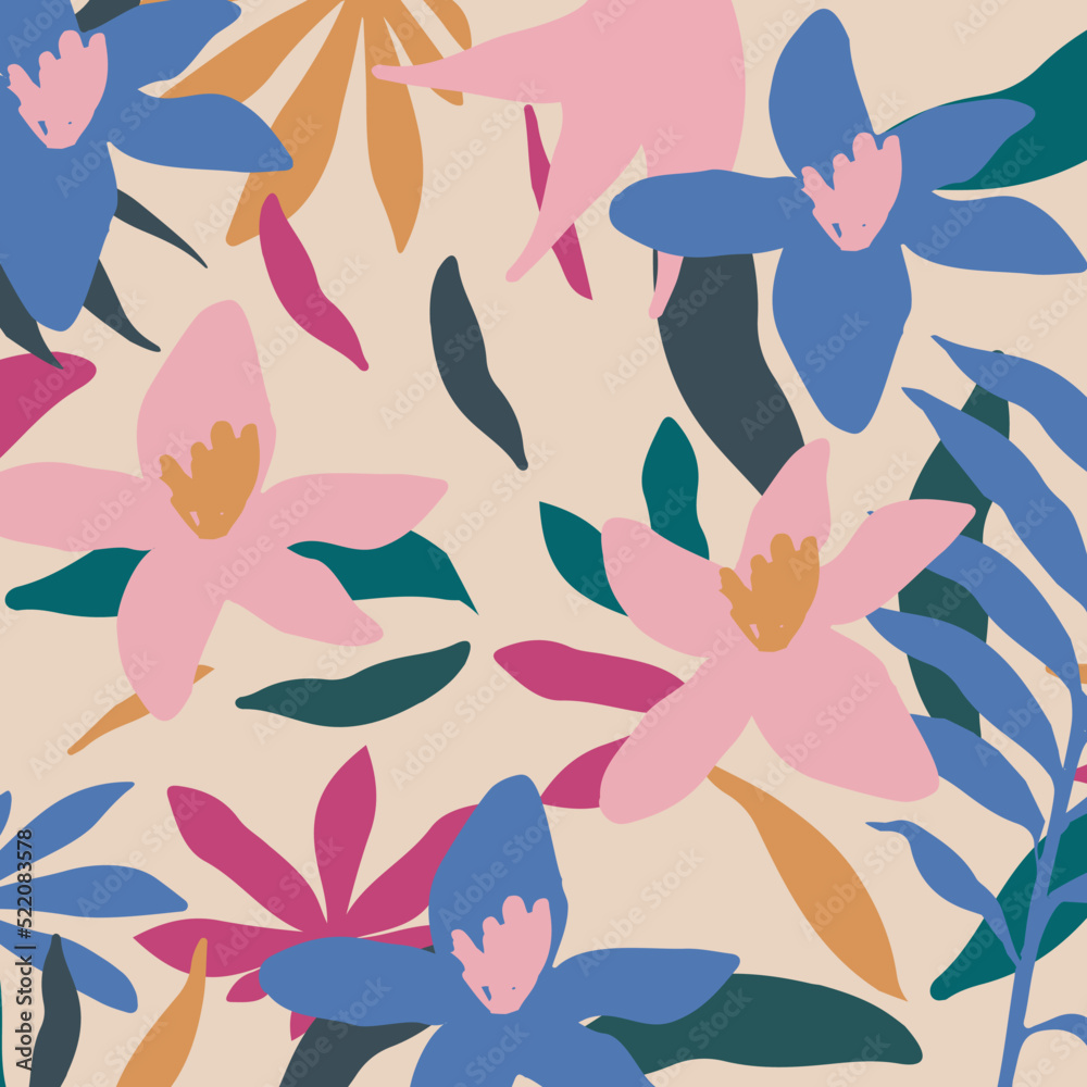 Cute garden flowers and leaves colorful pattern. Botanical vector illustration design for fashion, fabric, wallpaper, cards, prints