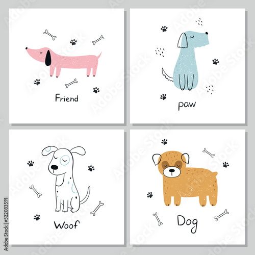 A set of posters with cute dogs. Hand-drawn cartoon animals. Vector illustration is suitable for printing on a T-shirt, kid's cards, a screensaver for a phone,a nursery design