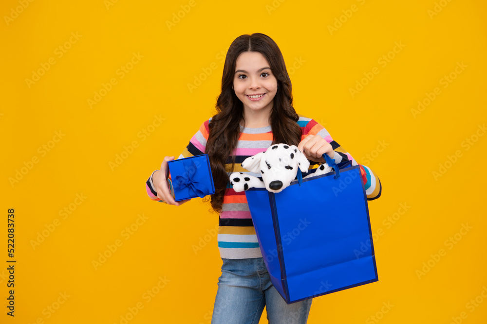 Stylish teen girl with shopping sale bags. Kid holding purchases. Happy teenager, positive and smiling emotions of teen girl. Stylish teen girl with shopping sale bags. Kid holding purchases. Happy teenager, positive and smiling emotions of teen girl.