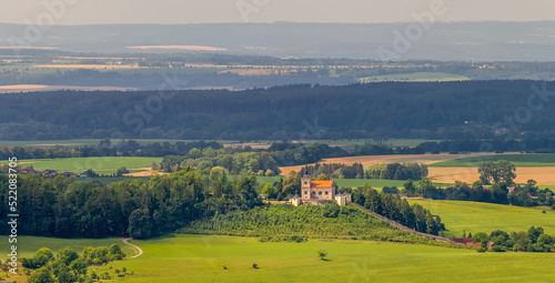 landscape with a church on a hill, pilgrimage Church of Our Lady of Sorrows, Mala Lhota, Czech republic