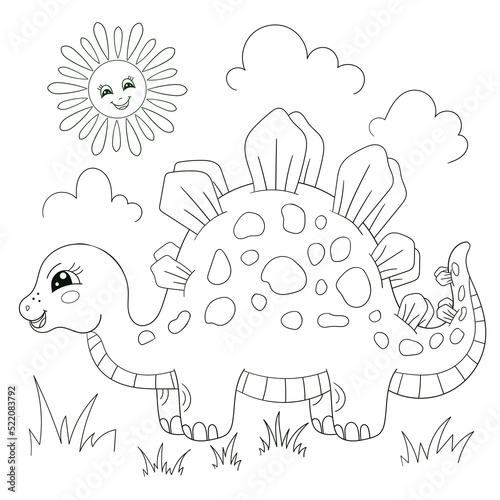 Cartoon dinosaur. Black and white linear image. For the design of coloring books, prints, posters, puzzles, games and so on. Vector