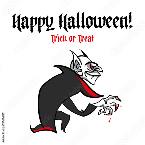 Dreadful sinister vampire - happy Halloween holiday image. Scary and spooky character  illustration for greeting card. Isolated on white background.