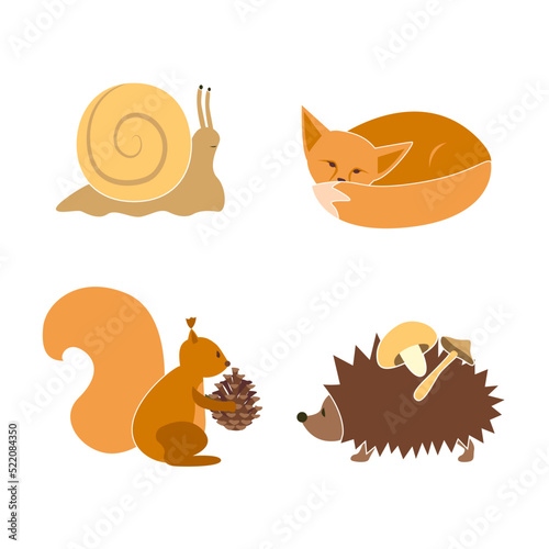 Little forest animals, snail, sleeping fox, squirrel with cone and hedgehog with mushrooms, autumn season, illustration isolated on white background