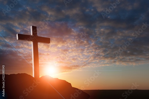 Foto crucifixion jesus christ, wooden cross at sunset