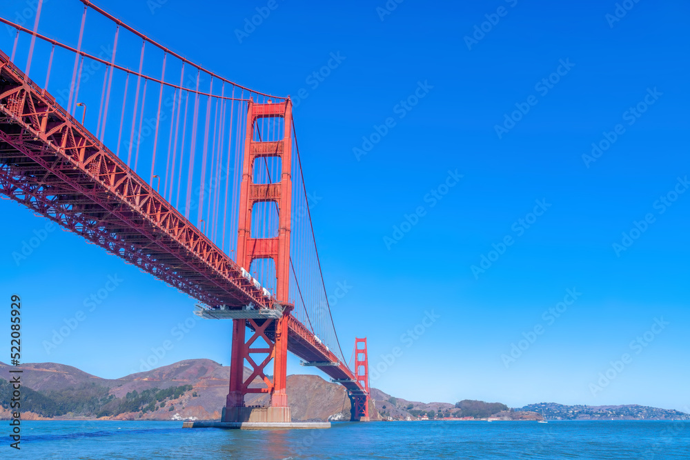 View of the famous Golden Gate Bridge from below at San Francisco, California